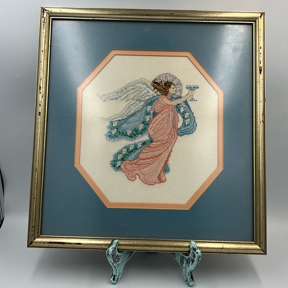 VTG Finished Framed Matted Bethany Angel Mar Bek Cross Stitch Handmade Handsewn - Picture 1 of 7